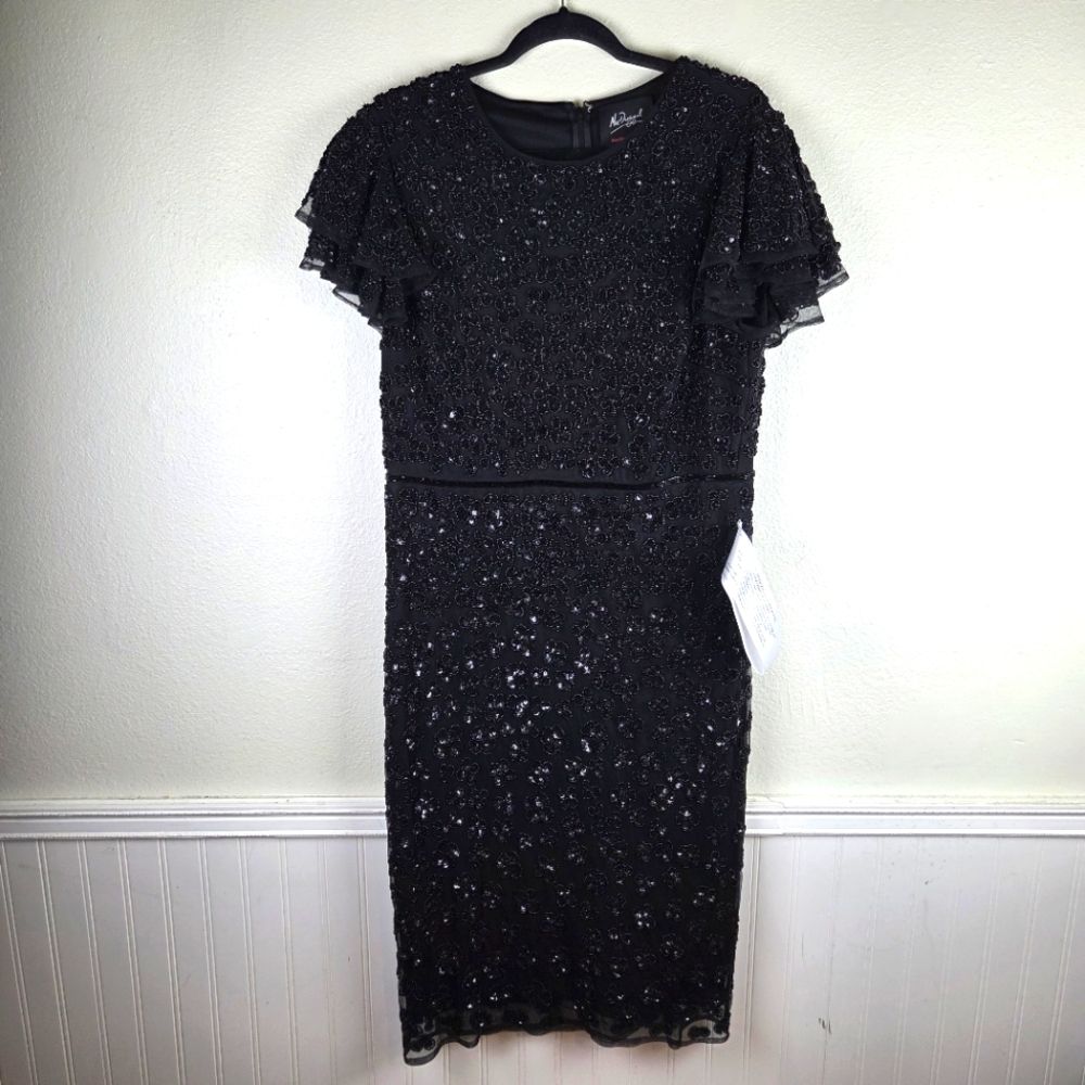 Mac Duggal Nwot Black Midi Sequin Floral Beaded Elegant Dress Size 12